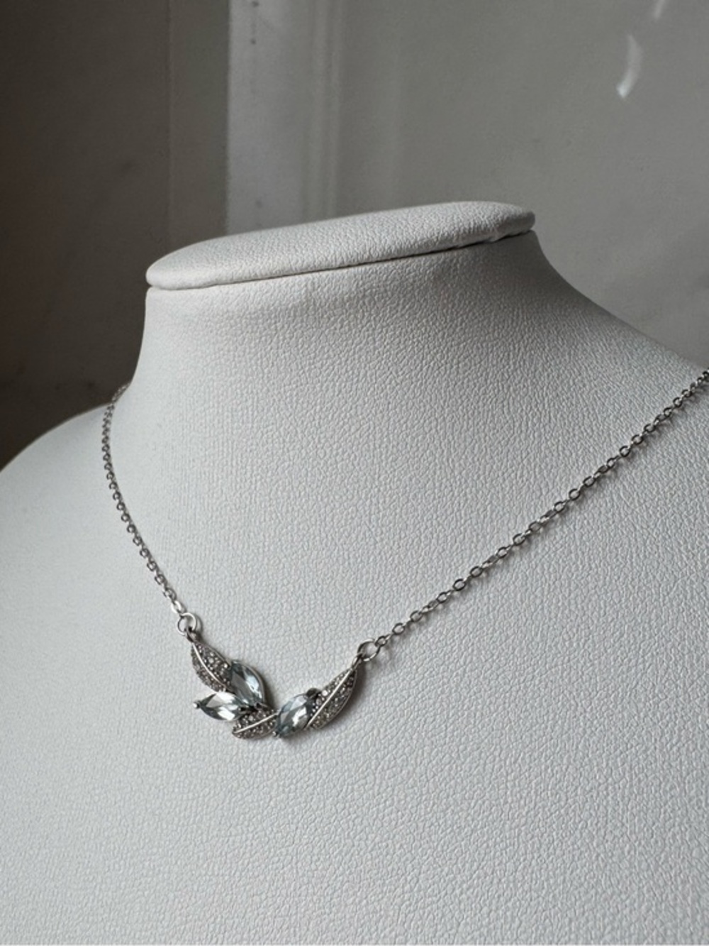 S925 aquamarine necklace blue gemstone crystal marquise cut feather smile
